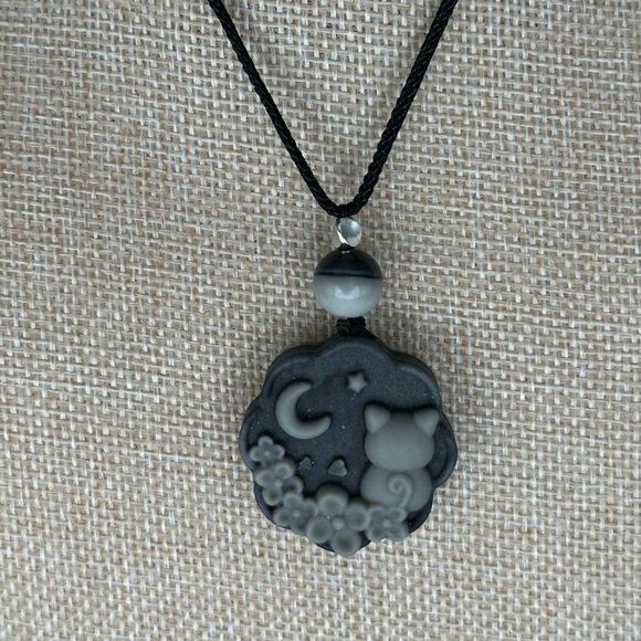 Tai Chi Stone Cat and Moon Pendant Necklace: Silver Accent on Adjustable Rope - Picture 7 of 10